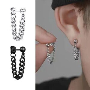 NEW 2 pairs - Punk Style Silver & Black Chain Dangle Earrings Stud Front